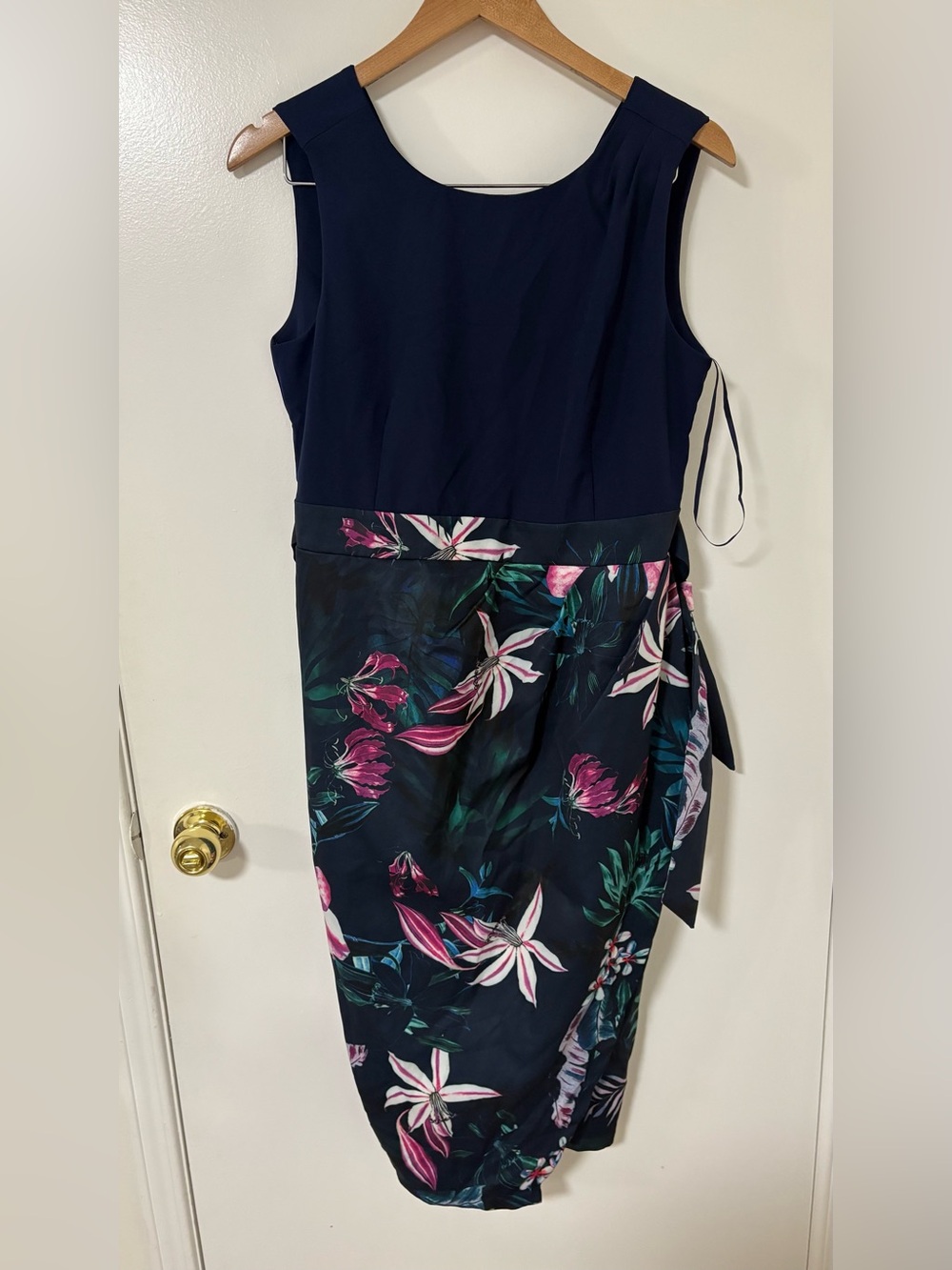 Sleeveless Navy Midi Dress with Pink Floral Skirt